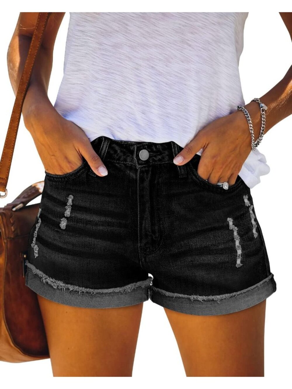 〽️Women's Jeans Shorts Black Folded Hem Distressed Mid Rise Summer Comfort